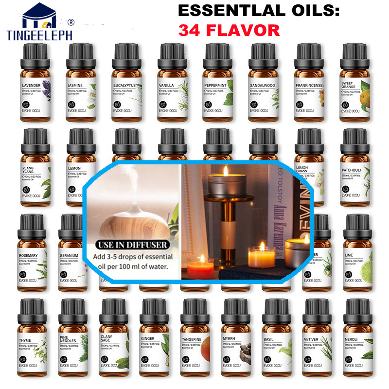 10ml Essential Oil Organic Plant 34 FLAVOR for Diffuser， Humidifier， Massage， Sleep， Bath， Soap，SPA， DIY Scented Candle Perfume