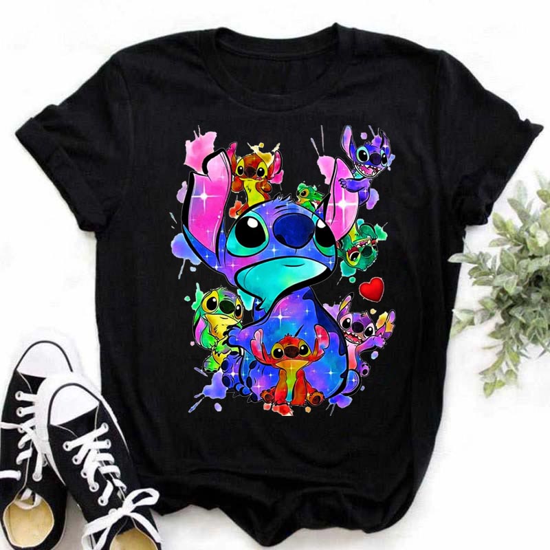 Cute Stitch T-Shirt Women Summer Top Cartoon Harajuku Stitch Print Top Women Casual Round Neck Short Sleeve Stitch Print T