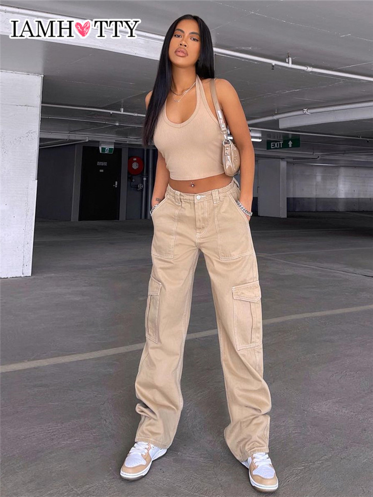 Vintage Khaki Wide Leg Cargo Jeans High Waist Big Pockets Baggy Denim Trousers Casual Oversized Pants Street Sweatpants Iamty