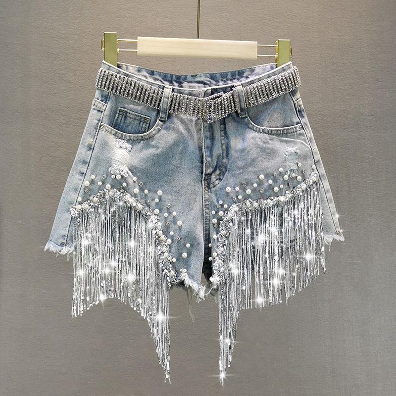 Women Spring Summer Elegant Shorts Lady Tassel Beading High Waist Wide Leg Denim Shorts Female Casual Solid Shorts