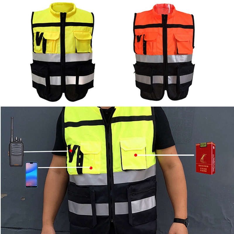 High Visibility Zipper Front Safety Vest With Reflective Strips Bicycle and Motorcycle Riding Safety Clothing Multi-Pockets