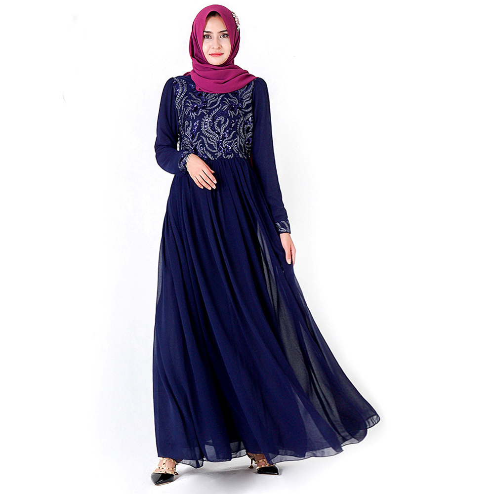 Y023 Women's Long Dress Abaya Modest Robe Ramadan Muslim Sequin 3D Embroidery Islam Chiffon Clothes Lace Without Hijab Scarf