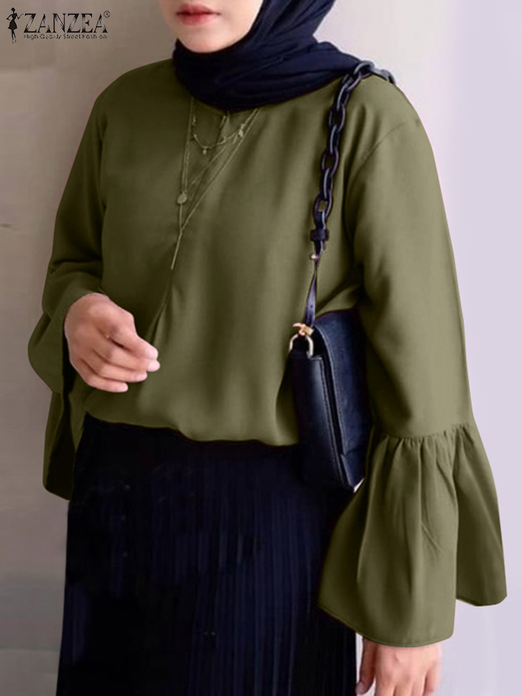ZANZEA Muslim Stylish Holiday Elegant Casual Abaya Kaftan Dubai Islamic Clothes Women Blouse O-Neck Flare Sleeve Solid Tops