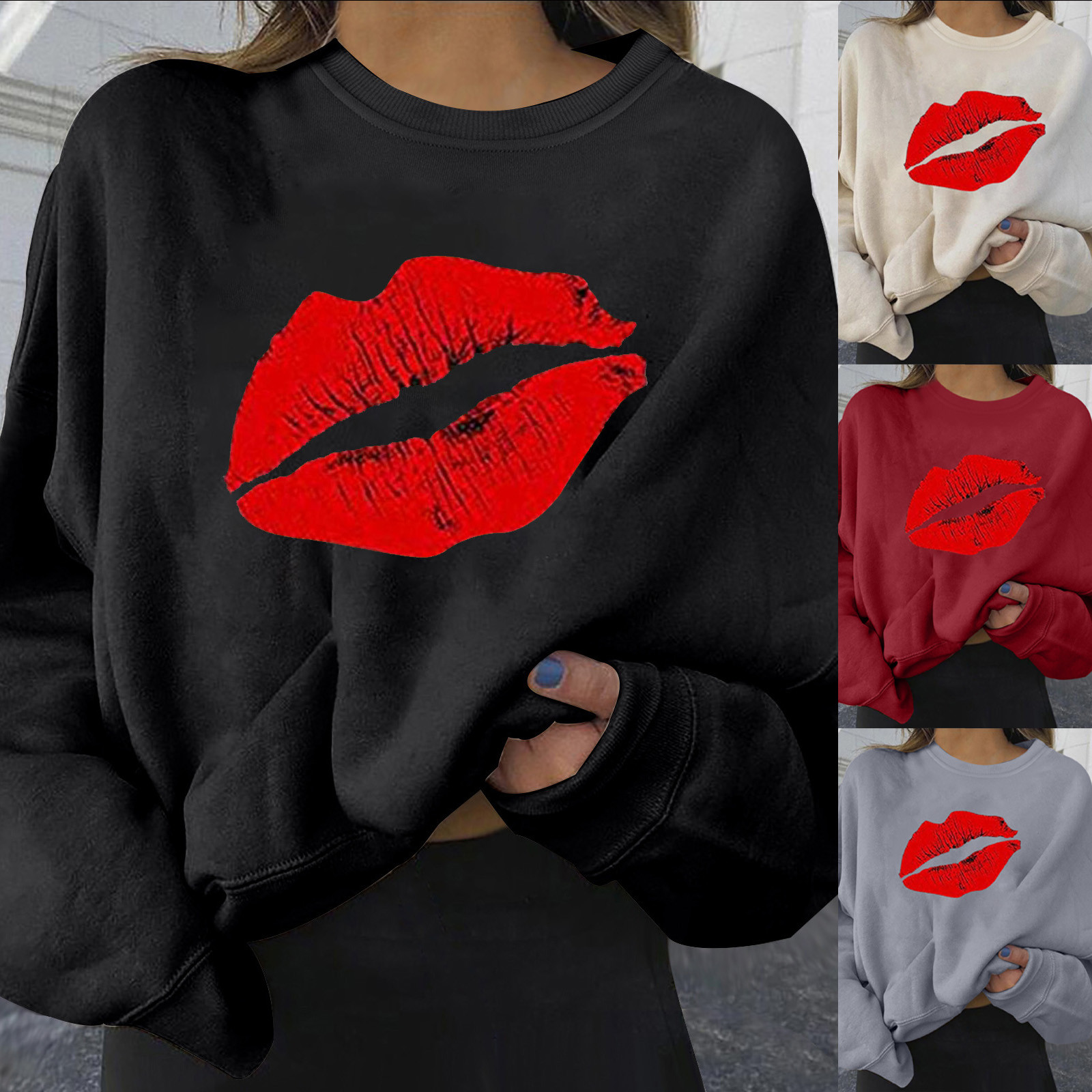 4# Women Plus Size Sweaters Long Sleeve Color Block Lip Print Straples Collar Sweaters Top Autumn Spring Pullover Свитер Женский