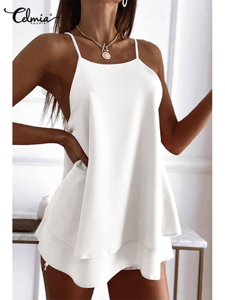 Celmia Women Sexy Camisole Casual Loose Ladies Thin Top Summer Sleeveless  Layered Tanks Tops Leisure Solid Color Camis