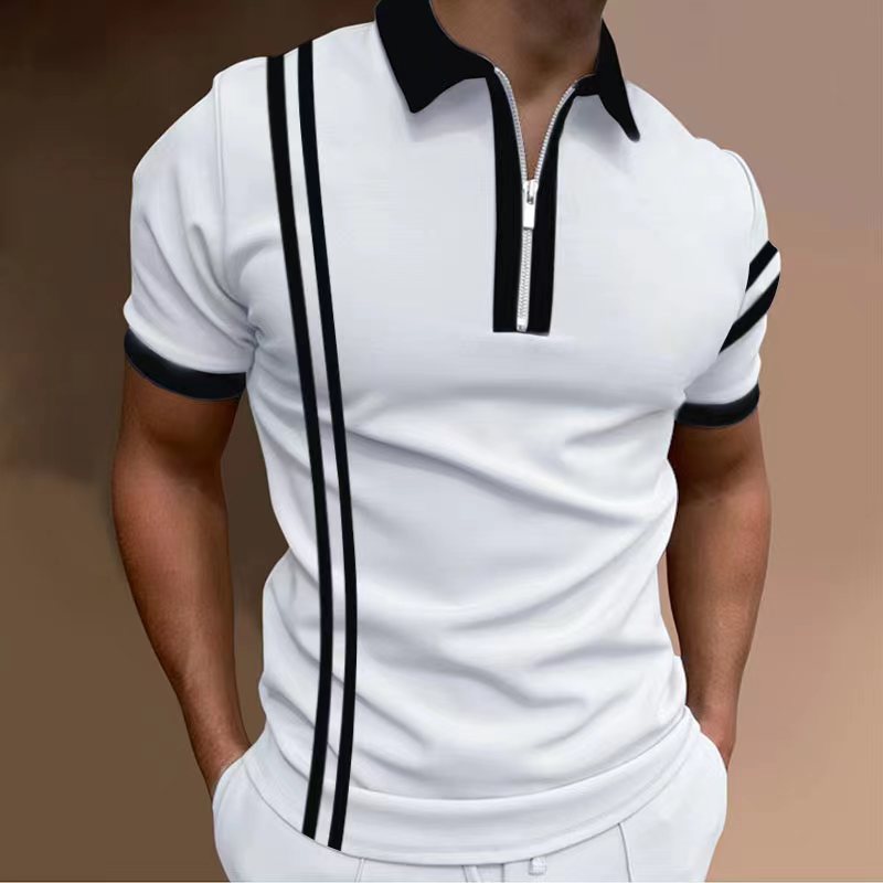  Summer High  Men Polo Shirts Striped Casual Short Sleeve Mens Shirts Turn-Down Collar Zipper Casual Polo Shirt