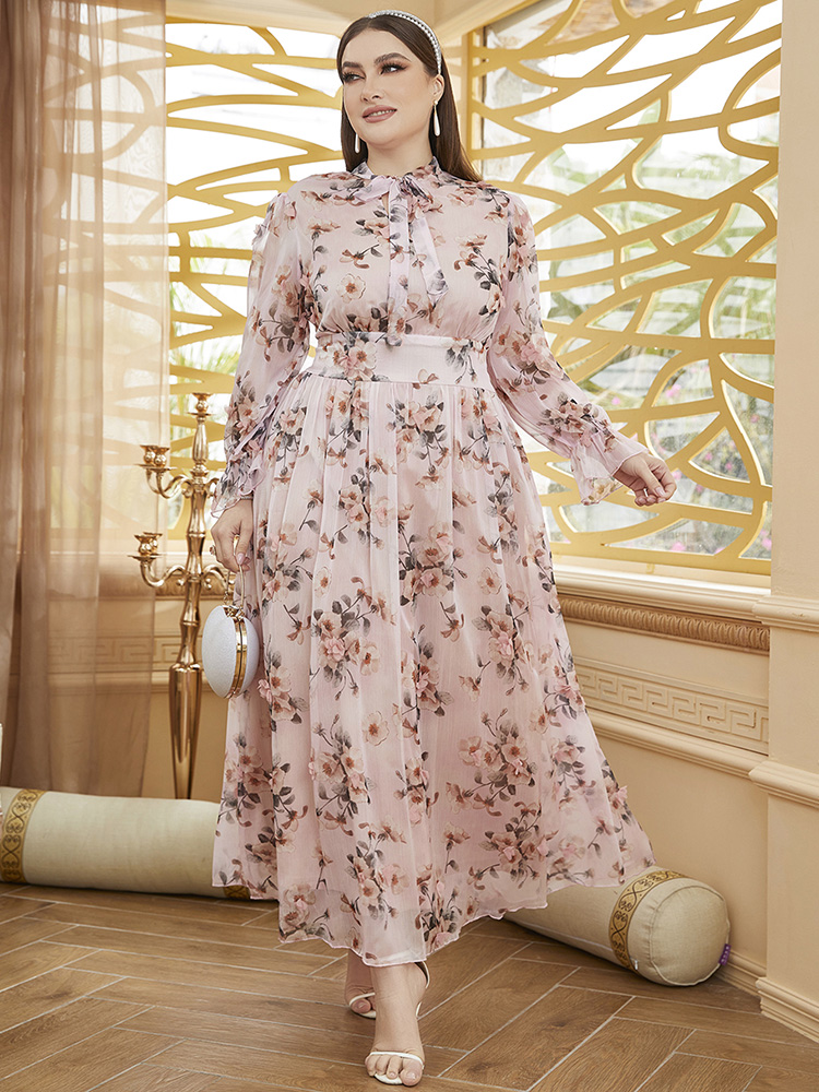 TOLEEN Women Large Plus Size Maxi Dress  Spring Pink Chic Elegant Long Sleeve Floral Evening Party Wedding Festival Clothing