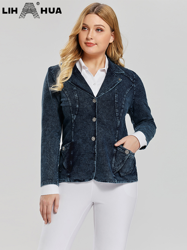 LIH HUA Women's Plus Size Denim Suit Fall  Jacket Knit Stretch Long Sleeve Button Jacket