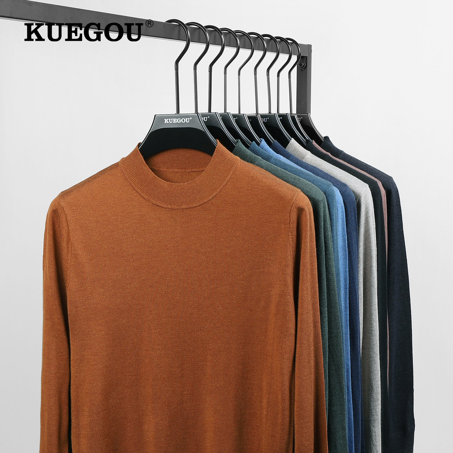 KUEGOU  Autumn  Men Sweater Solid color Semi-high Collar High  Slim Male Soft Knitted Blends Wool Warm 710