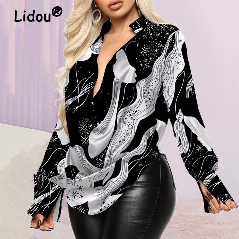  Spring Autumn Women Sexy Deep Cowl Neck Blouse Long Sleeve Casual Vintage Chain Graphic Print Long Sleeve Street Top Female