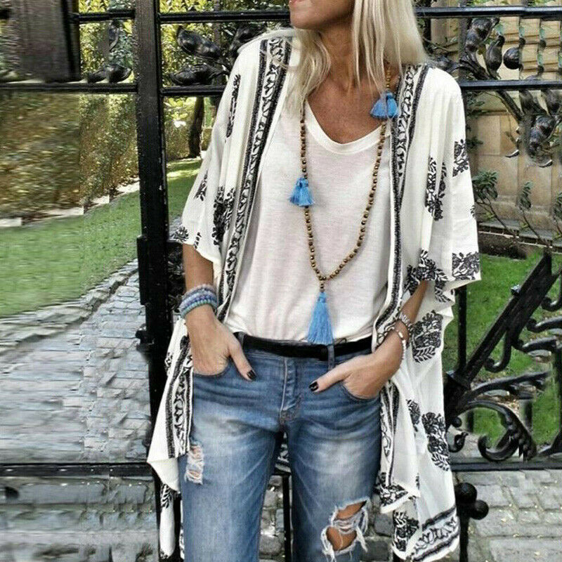 Women's Printed Cardigan Shirt Blouse Summer Kimono Long Sleeve Boho Beach Cover Tops Ladies Long Blouses Shirts Plus Size 5XL