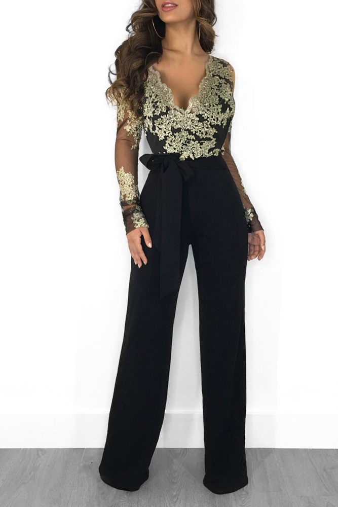 Wide Leg Casual Overalls Sexy Women V-neck Lace Elegant Straight Party Jumpsuit Rompers