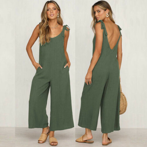 Women Rompers  Summer Ladies Casual Clothes Loose Linen Cotton Jumpsuit Sleeveless Backless Playsuit Trousers Overalls