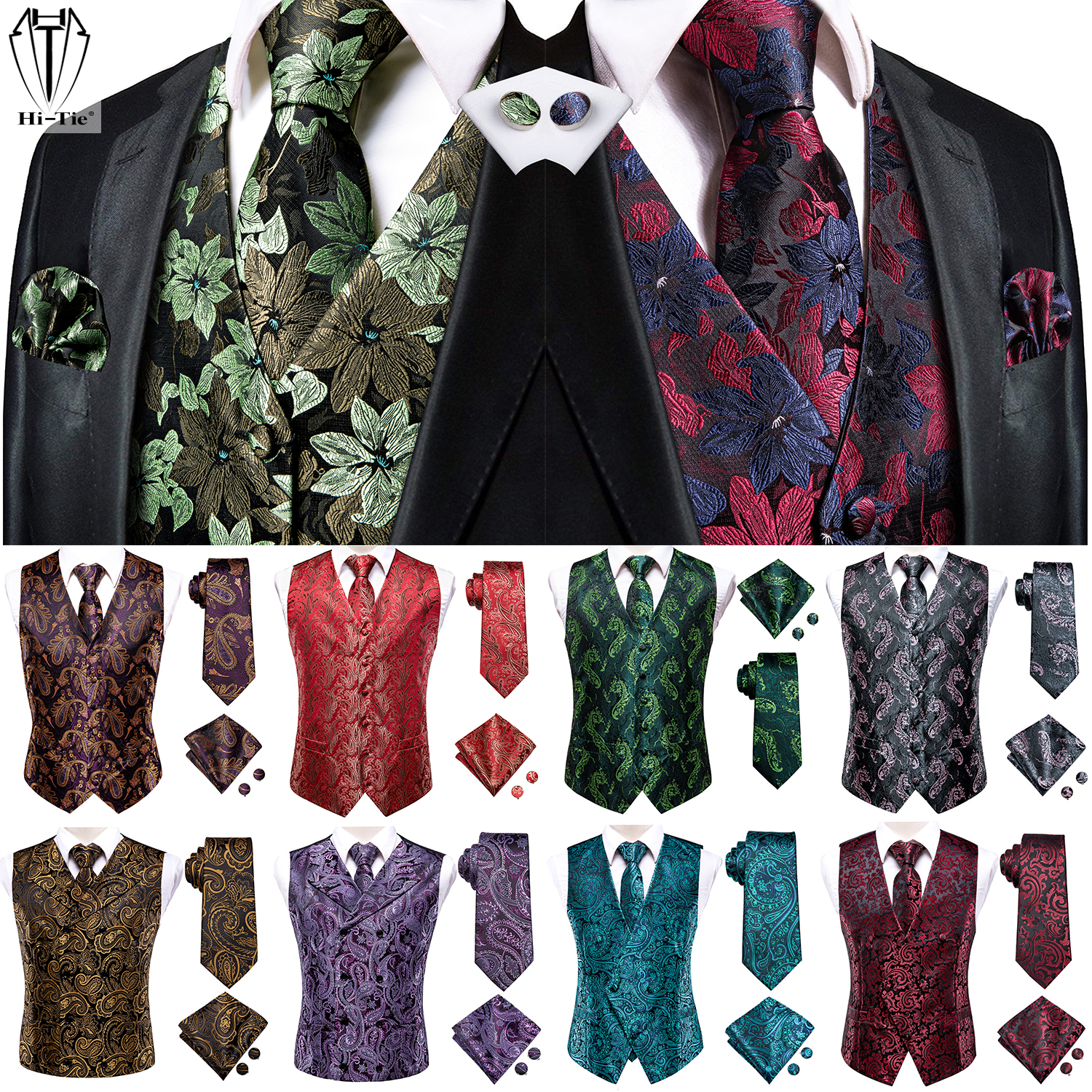 Hi-Tie  30 Colors Silk Mens Vests Jacquard Paisley Floral Waist Coat Jacket Necktie Hanky Cufflinks for Men Sleeveless XXXL