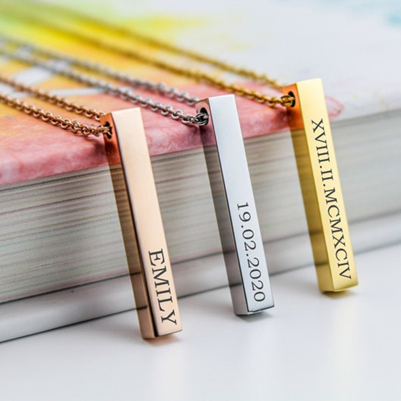 Square Vertical Bar Necklace With Name Laser Engraving Cute Personalized Minimalist Jewelry Custom Bridesmaid Gift for Boyfriend