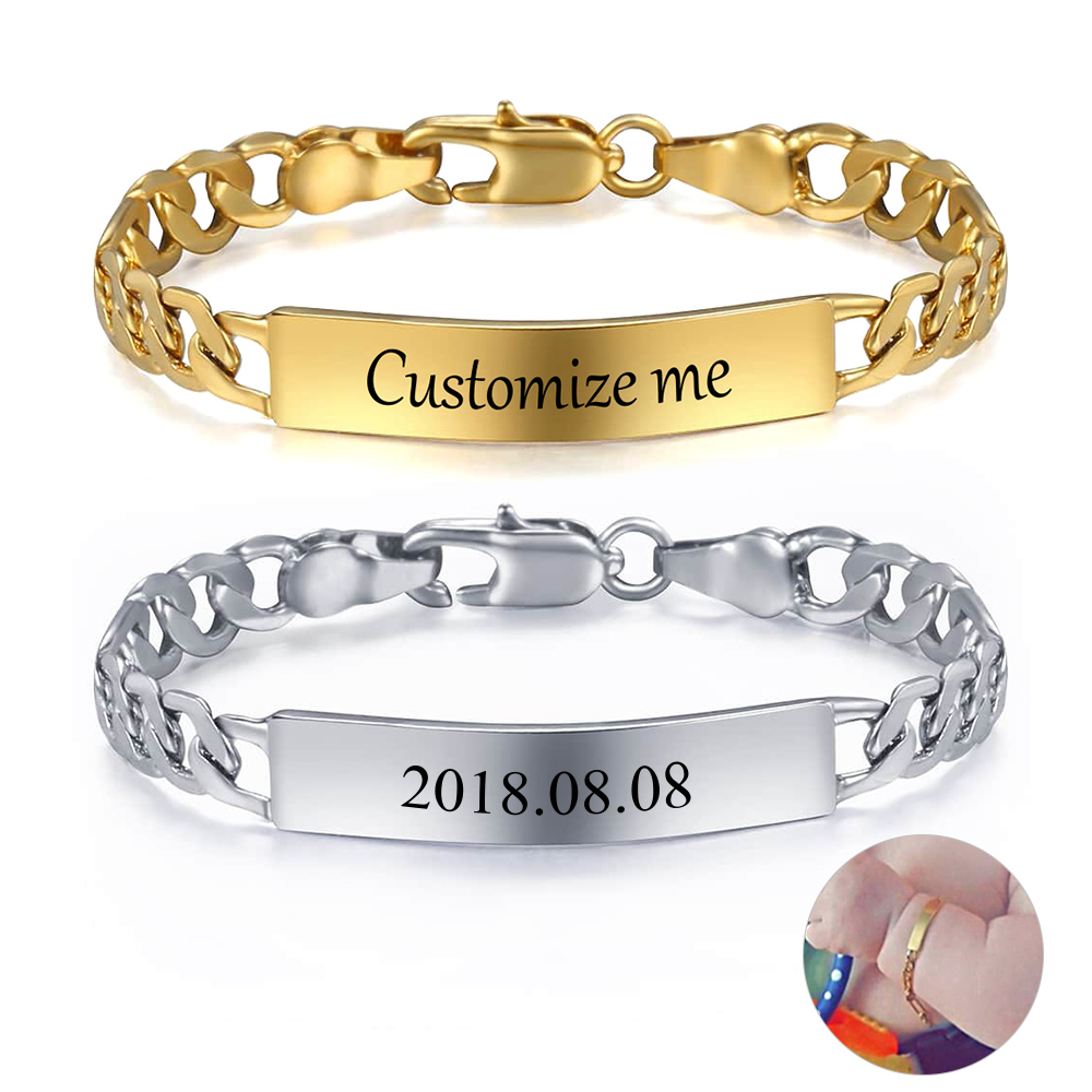 Personalize Custom Baby Bracelet Gold Color Silver Color Figaro Link Name Birth ID Bangle Girls  Child Unique Gift GBM100