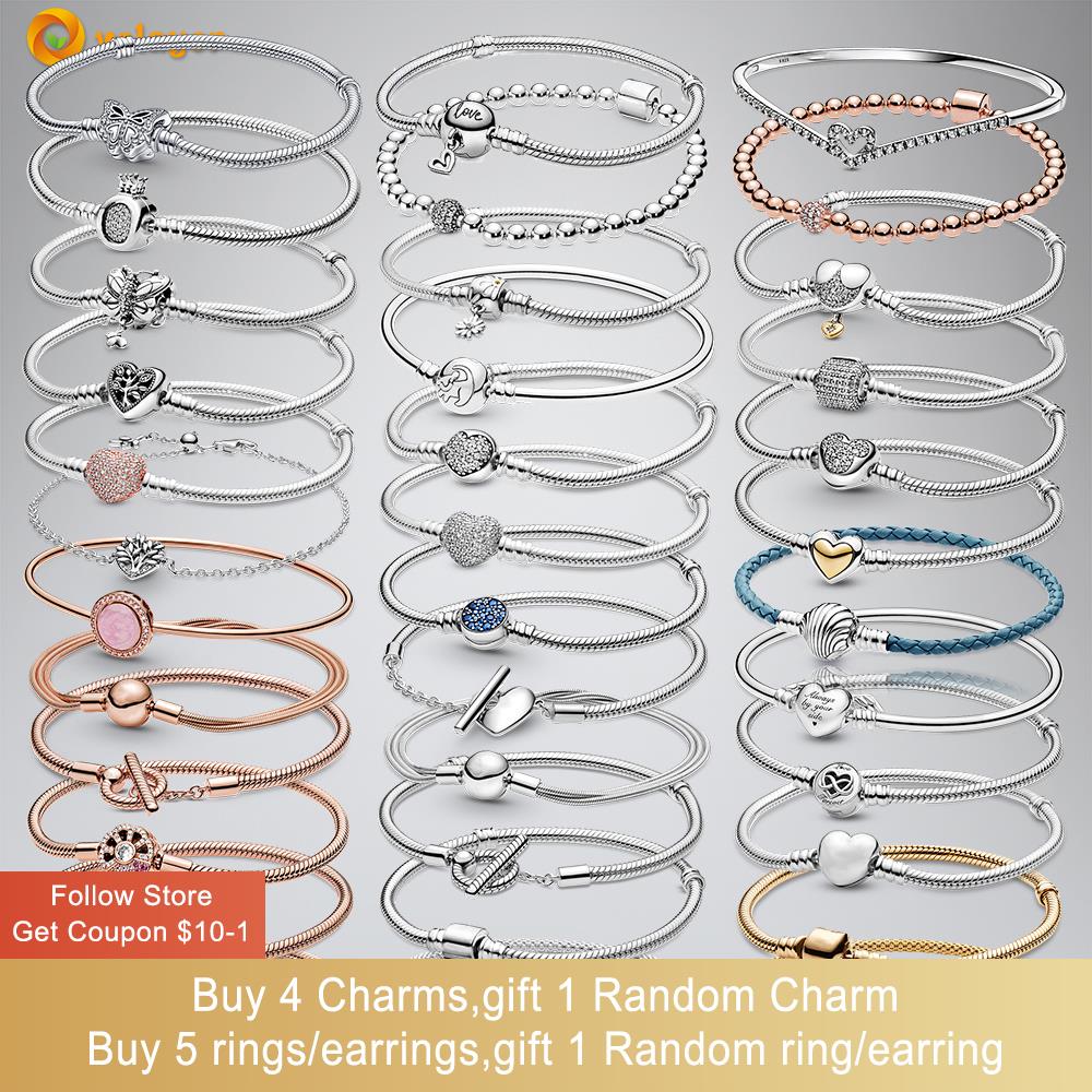 Volayer 925 Sterling Silver Bracelets Butterfly Clasp T-bar Heart Moments Beads & Pavé Snake Chain Bracelets Friendship Bangles