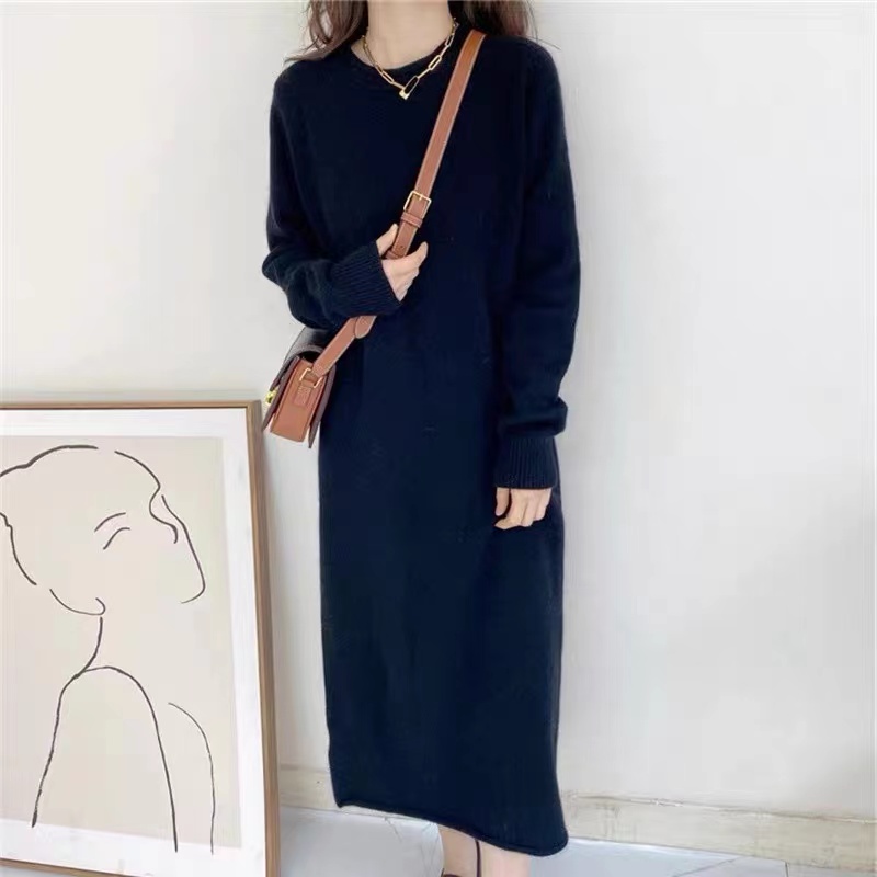   wool long dress women's O-Neck Wool sweater solid color loose bottoming long skirt  long high-end Wool dress