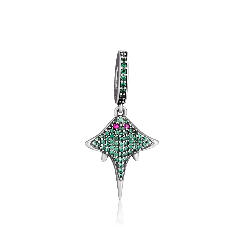 Davil Rays Pendant Fandola 925 Sterling Silver Mobul Oceanic Charm，Green CZ Fit Bracelet Charms for Jewelry Making Necklace Gift