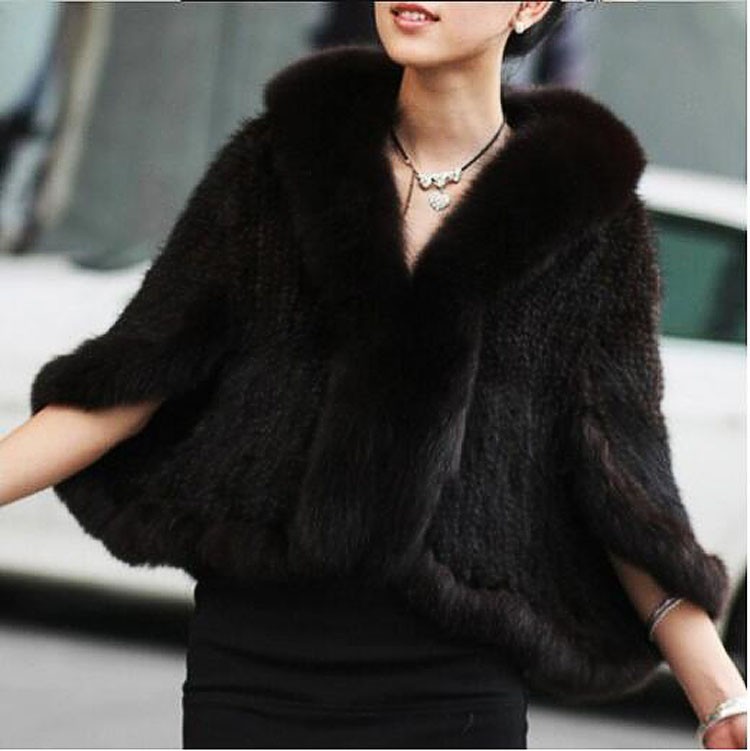 real genuine natural knitted mink fur shawl coat with fox fur collar women's  knit jacket cape
