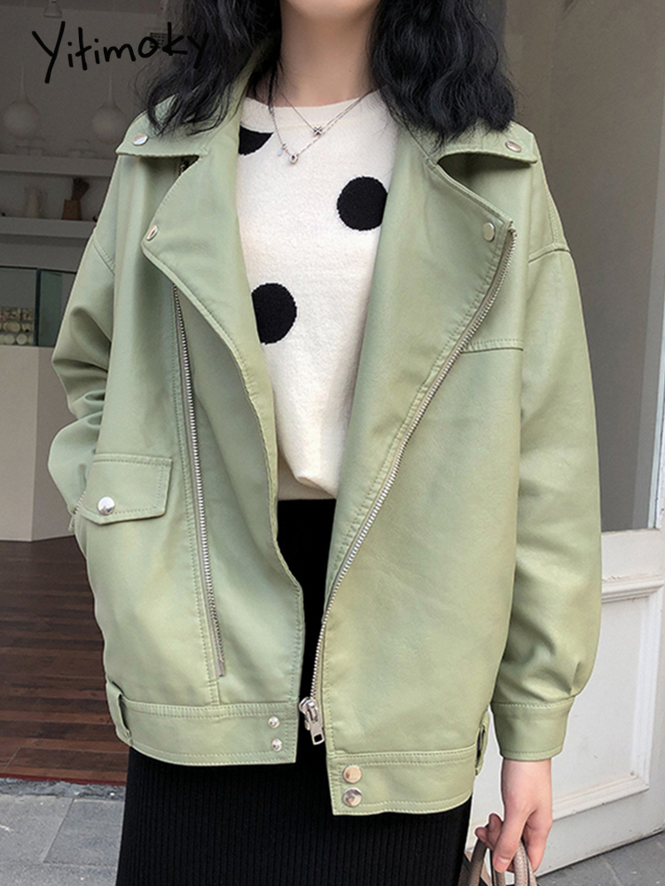 Yitimoky Autumn Women Faux Leather Jacket Motorcycle Leather Pu Jacket Black Loose Outwear   Office Ladies Coat