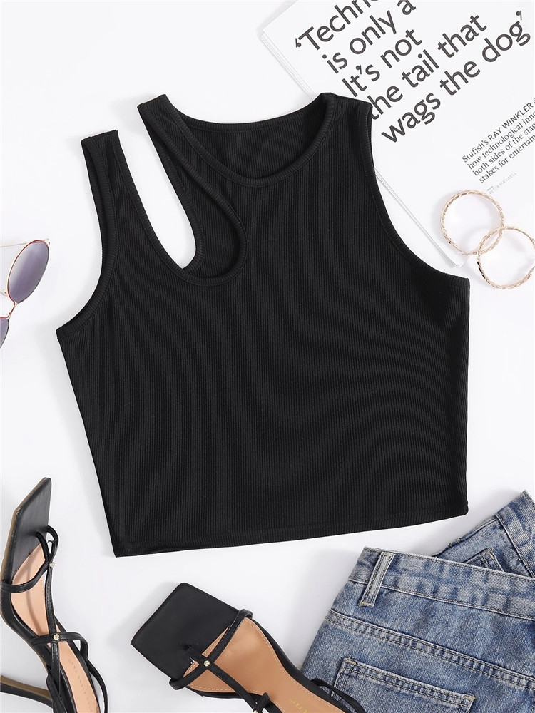 Sexy Rib-knit Tank Top for Women Summer Solid O-neck Sleeveless Crop Tops Street Vintage   Shirt Vest Y2K Clothes