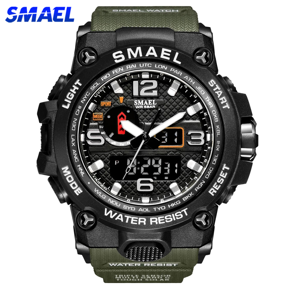 SMAEL  Men Sports Watches Dual Display Analog Digital LED Electronic Quartz Wristwatches Waterproof Swimming Military Watch