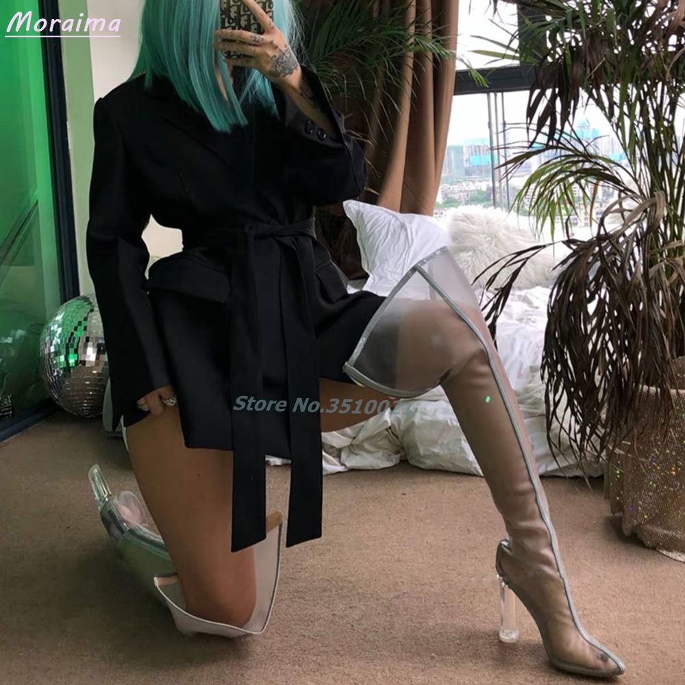 Mesh Hollow Over Knee Boots Pointed Toe Transparent Block Heel Back Zipper White Solid Color Sexy Women Shoes  Runway