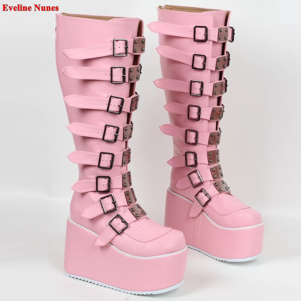 Women's Pink Mid Boots  Arrival Buckle 11cm Platform Solid Round Toe  Queen Punk Shoes Large Size 35-40