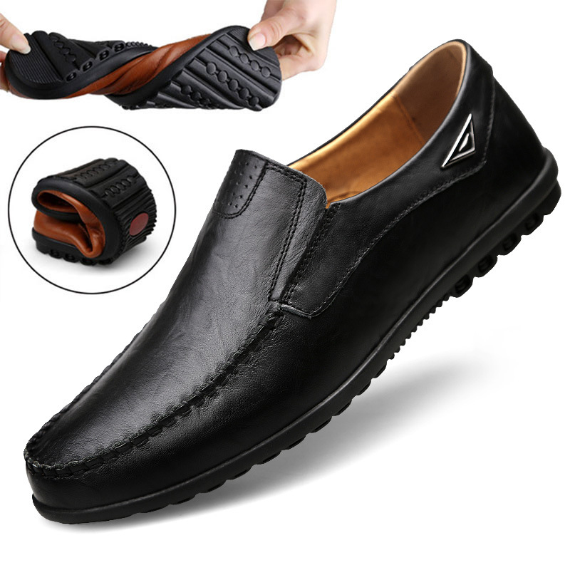 Genuine Leather Men Casual Shoes    Mens Loafers Moccasins Breathable Slip on Black Driving Shoes Plus Size 37-47