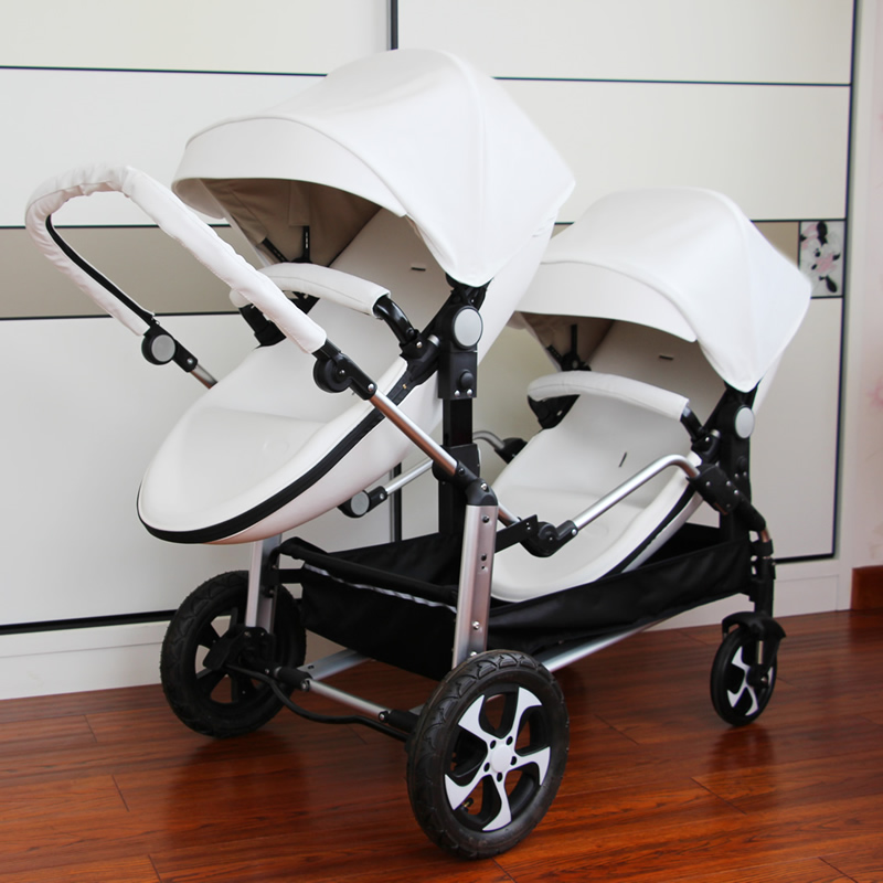   Pu leather baby strollers，white twin stroller，baby carriage，double stroller，twins stroller，Eggshell baby car