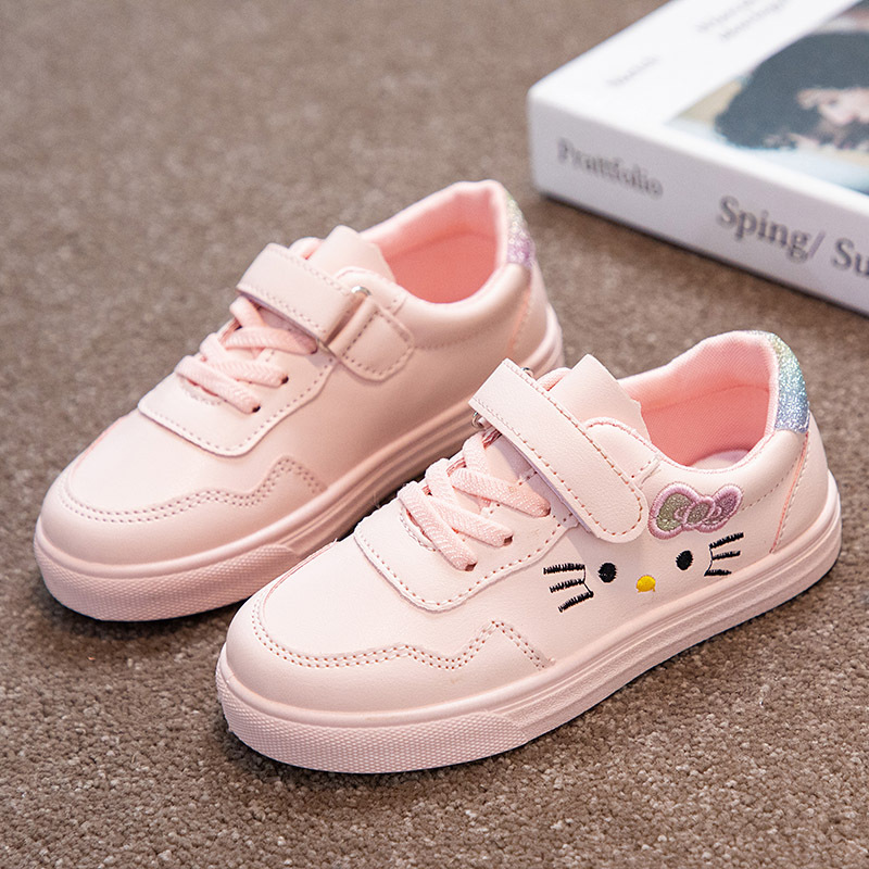 Young Children Casual Shoes Cute Cat White Pink Girls Shoes Pu Waterproof 25-36 For Girls Sneakers Dropshipping