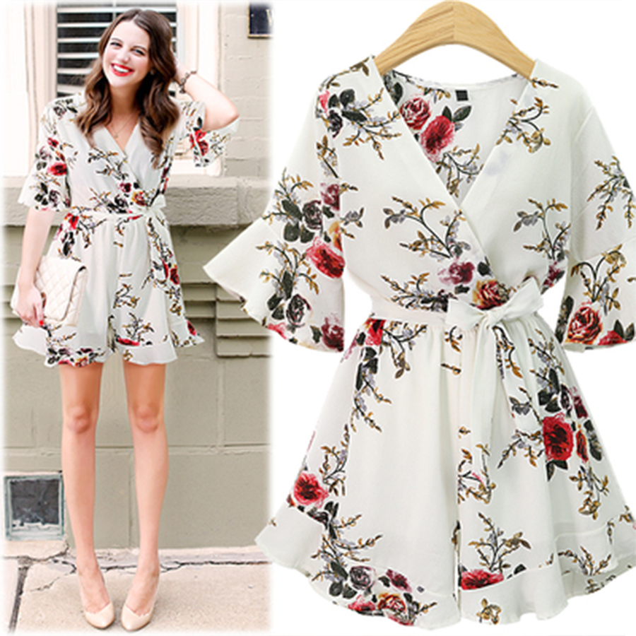 DICLOUD Flower Chiffon Sexy Jumpsuit Women V-Neck Print Beach Playsuit Female Short Overalls Jumpsuit Casual Boho Bodysuit