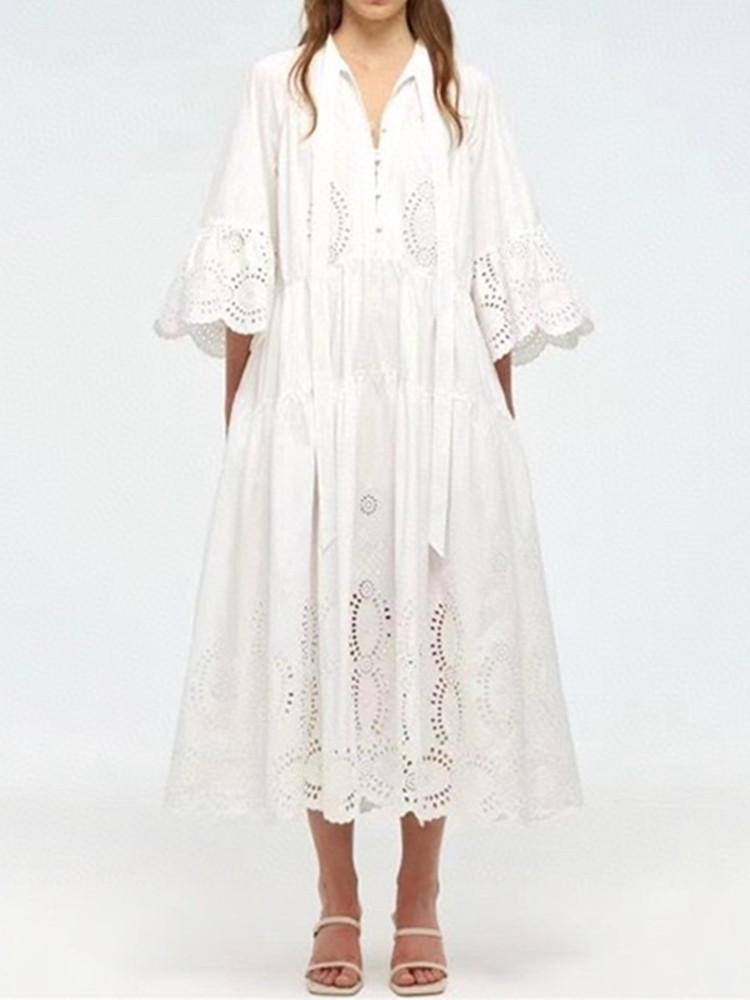 Women Hollow out Embroidery Dress White Bow Lace-up Temperament Front Button Simple Spring  Ladies Midi Robe