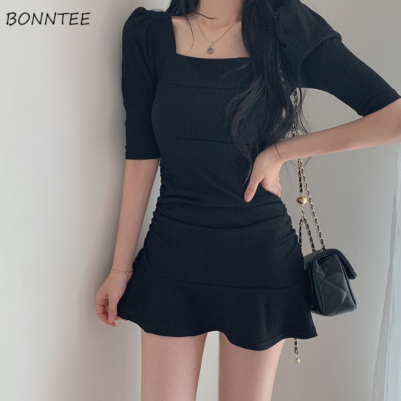 Dresses Women Slim Solid Ulzzang Female 4 Colors Streetwear Summer Leisure Mini  Puff Sleeve Sexy All-match Soft Vestido