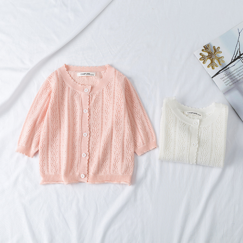  Baby  Girls Cardigan Thin Coat  Female Baby Princess Hollow Knitted Sweater Sunscreen Air Autumn Spring Coat