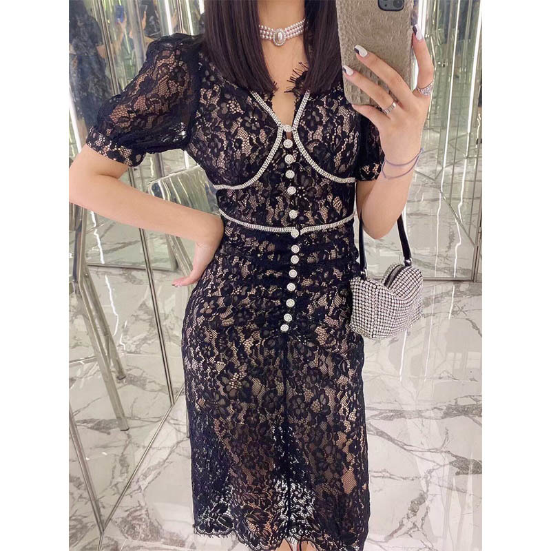 22 Spring Summer Runway Elegant Dresses For Women  See Through Lace Rhinestone V Neck High Waist Slim Midi Dress 2 Colors