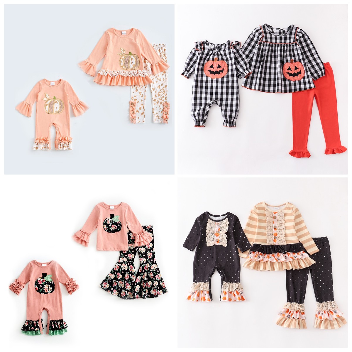 Girlymax Sibling Fall Halloween Baby Girls Pumpkin Floral Flower Print Ruffles Stripe Woven Skirt Set Romper Kids Clothes