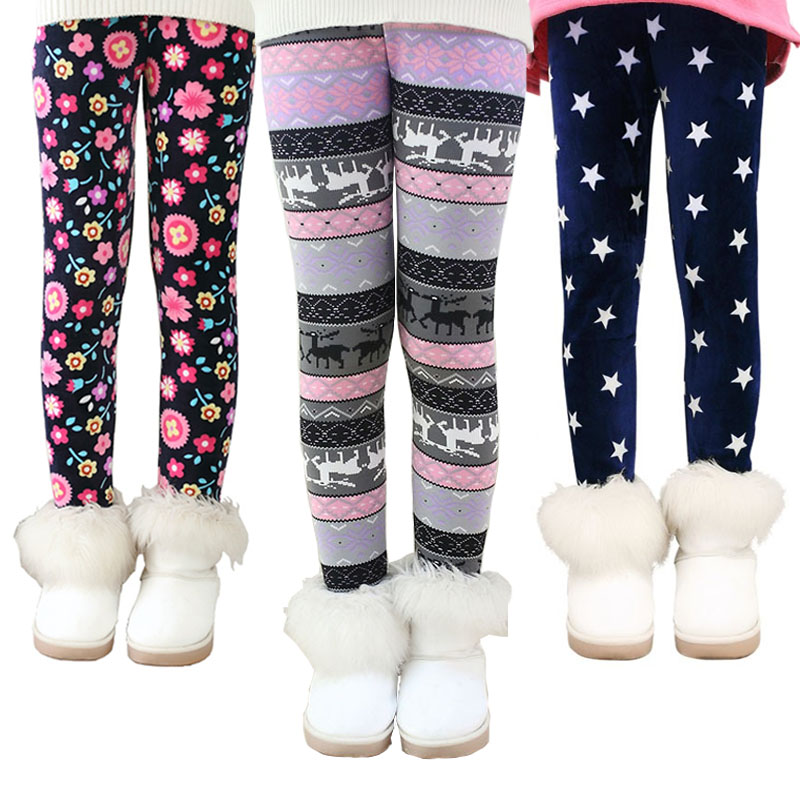 Autumn Winter Warm Girls Pants Velvet Thicken Girls Leggings Flower Print Kids Children Pants Girls Trousers Age 2-9Y