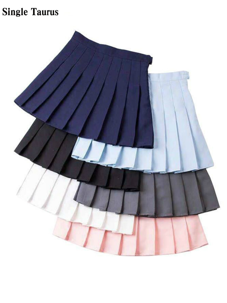 Preppy Pleated Skirt Girls Streetwear A Line Tennis Skirt High Waist  Red Pink Blue Mini Jupe Femme Navy Blue Women Skirts