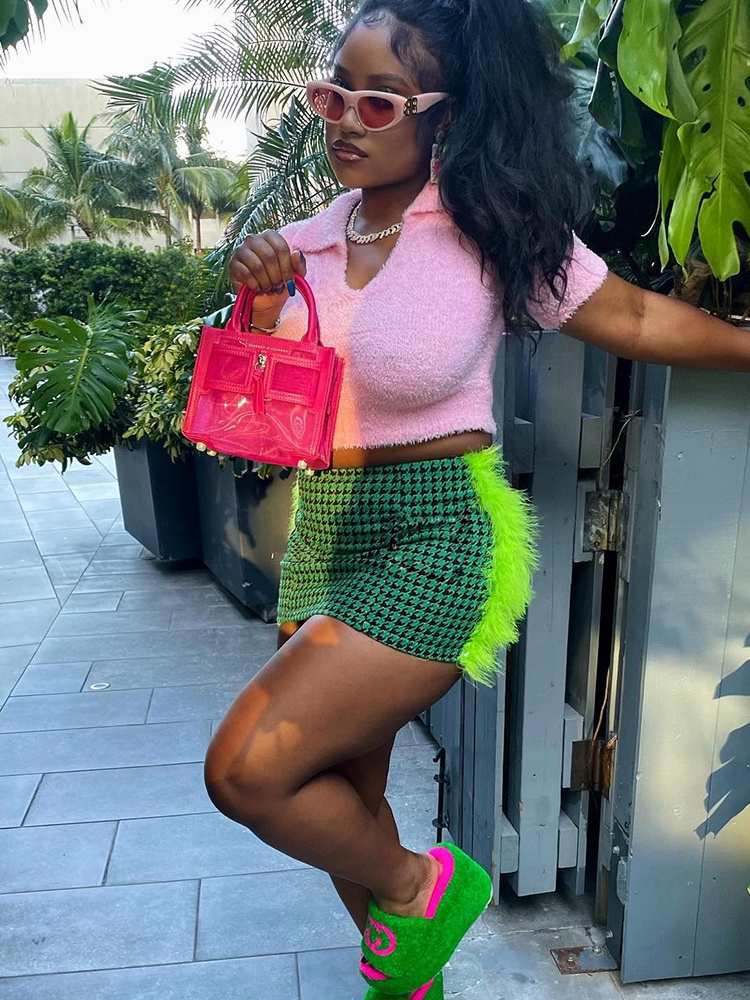 FQLWL Summer Streetwear Women Skirts Print Mini Skirts Womens   High Waist Feather A-line Green Bodycon Skirts Female