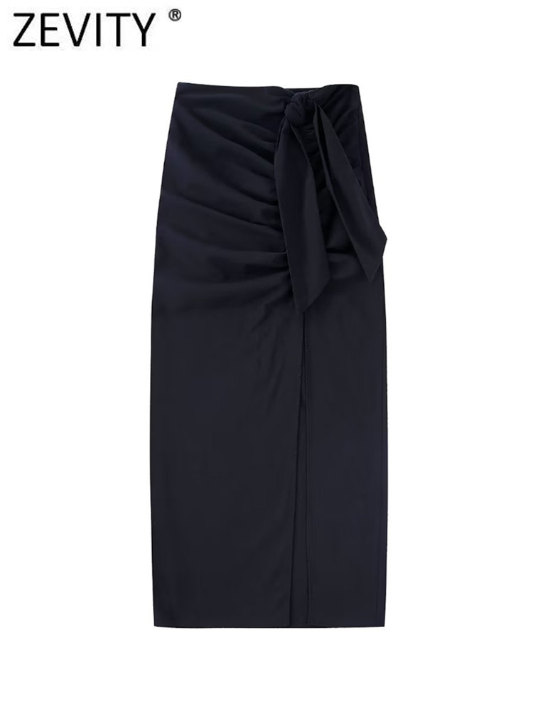 Zevity Women  Solid Color Knotted Pleat Sarong Midi Skirt Faldas Mujer Lady Chic Back Zipper Black Slim Vestidos QUN1928