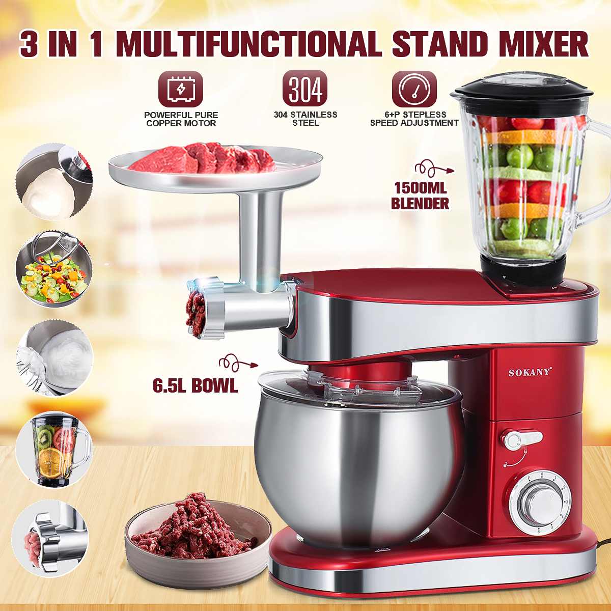 1200W Multi Food Stand Mixer 6.5L Large Bowl 6-speed Egg Whisk Dough Cream Blender Juicer Meat Grinder Kitchen Powerful Machine