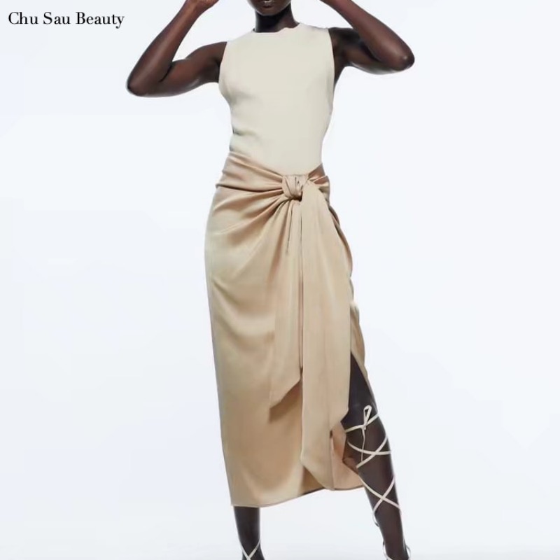  Women Spring Summer Knot Design High Waist Midi Skirt  Asymmetric Side Split Hem Slimelegant/Trendy Skirts