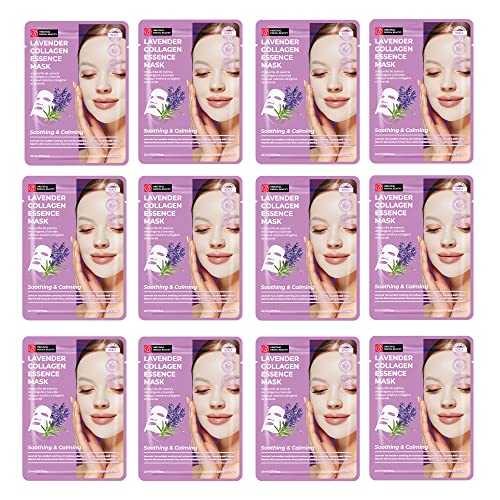 Original Derma Beauty Collagen Face Masks Skincare 12 PK Soothing and Calming Lavender Face Mask Skin Care Sheet Masks Set for Beauty & Personal Care Korean Face Mask