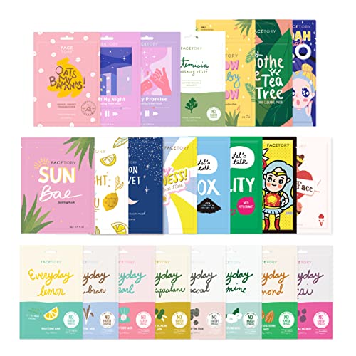 FACETORY 23 Sheet Mask Collection for Hydrating, Moisturizing, Radiance, Soothing
