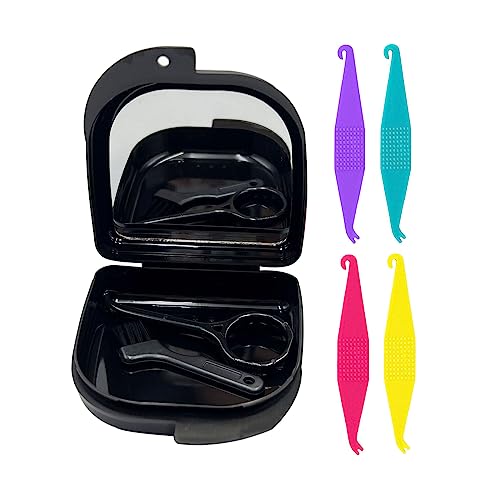Oral Care Disassembly Kit/7pcs Including 1 Retainer Case with Mirror and Vent Holes | 1 Aligner Remover Tool | 4 Elastic Rubber Bands Placers | 1 Cleaning Brush (Black)