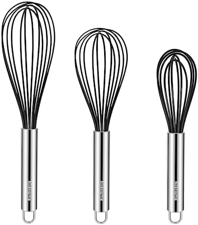 NileHome Whisk Commercial Whisks Stainless Steel & Silicone Non-Stick Coated Small Whisk Set 8" 10" 12" Kitchen Wisk Wire Whisks for Cooking 3 Pack, Black