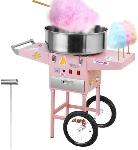 Commercial Cotton Candy Machine with Cart Pink 1100W Electric Candy Floss Maker for Kids with 20 inch Stainless Steel Bowl Candy Cones Sugar Scoop and Large Storage Drawer for Birthday Party Carnival