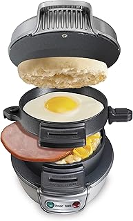 Hamilton Beach Breakfast Sandwich Maker with Egg Cooker Ring, Customize Ingredients, Perfect for English Muffins, Croissants, Mini Waffles, Perfect White Elephant Gifts, Silver (25475A) Discontinued